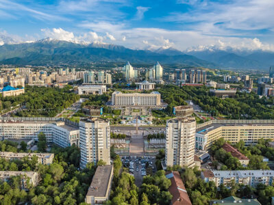 ALMATY, KAZAKHSTAN - JUNE 7, 2016: Aerial view of the building of city administration at the Republic Square in Almaty, Kazakhstan.